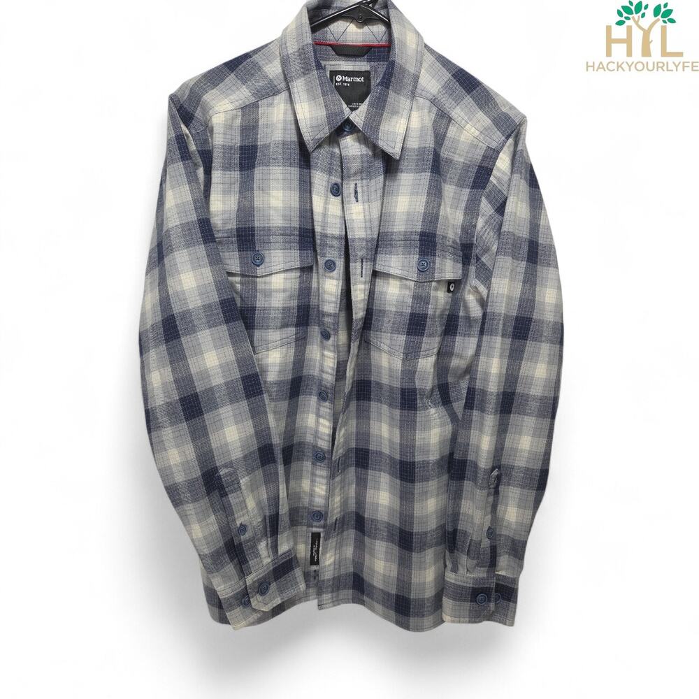 Marmot Plaid Short Sleeve Button Up Shirt Mens Blue Gray White Medium Used